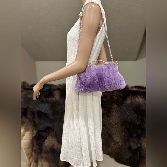 Lilac Handmade Real Rex Rabbit Fur Double Kisslock & Top Handle Purse/Crossbody - Picture 3 of 16